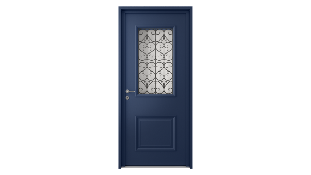 Porte d'entrée aluminium IKARIA Porte d'entrée bleue avec partie vitrée et décorée